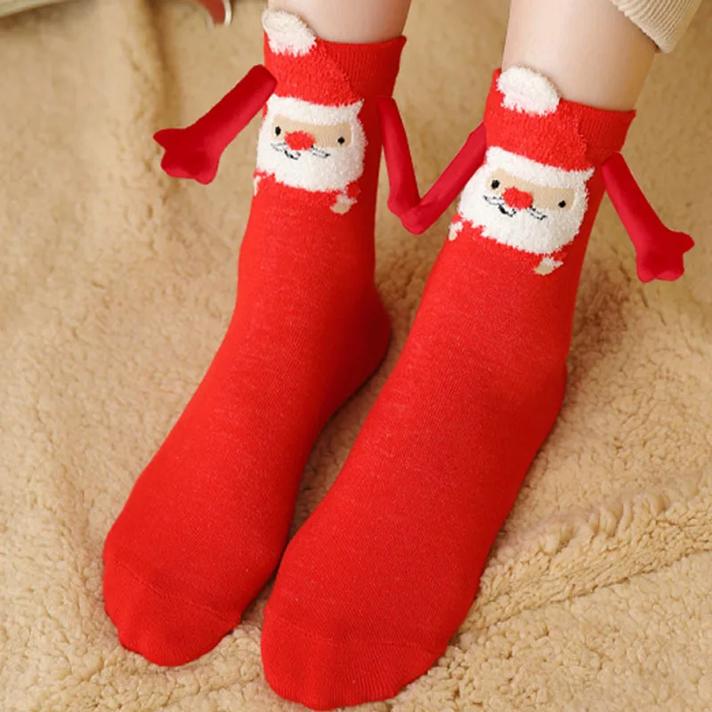 1-10Pairs Christmas Hot Sale Cartoon Magnetic Holding Hands Socks Mid Calf Cotton Unisex Couple Socks Harajuku Cute Style Gift