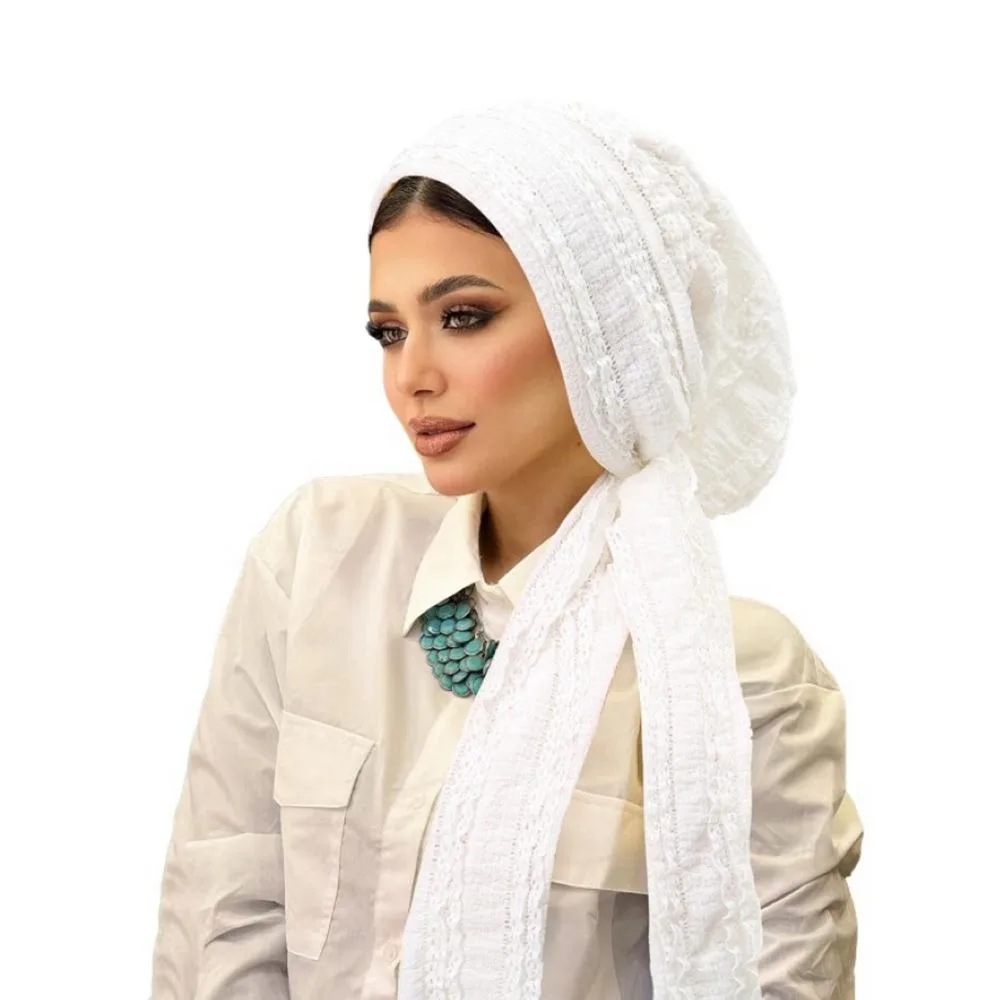 Adjustable Women Turban Hats Polyester Soft Stretch Solid Color Crinkle Hijabs Long Tail Tie Unicolor Wrinkle Headscarf Formal