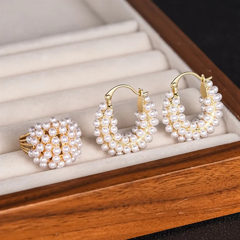 Women's Elegant Gold Color Simulated Pearl Hoop Earrings & Ring Set