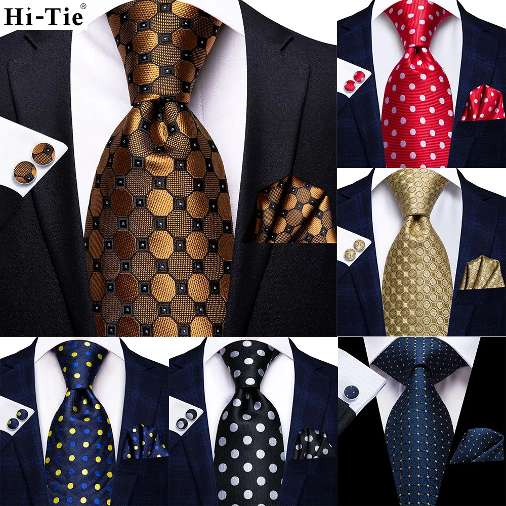 

Hi-Tie Black Gold Dot 2022 New Mens Tie Hanky Cufflink Set Silk Necktie For Men Wedding Party Business Men Tie Fashion Brand