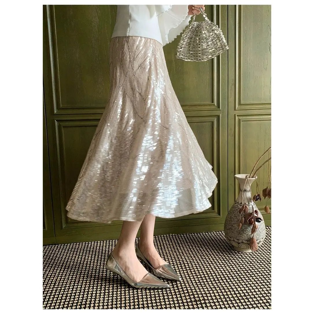 French Heavy Industry Glossy Sequin Elastic Waist Skirt Women's 2026 Summer New High-end A-word Long Skirt