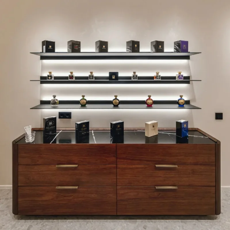 custom.M2 Display Brown Wooden Boutique Cabinet Interior Display Counter Design Cosmetics Display Showcase