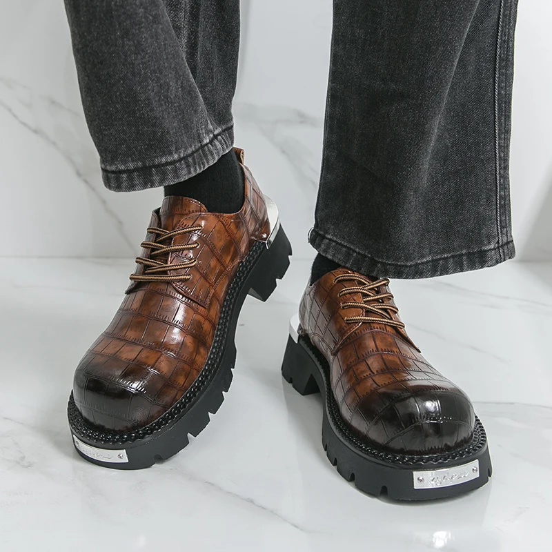 

Мужские туфли дерби из искусственной кожи с тиснением, толстая подошва с круглым носком, деловая повседневная мужская обувь, размеры 37-46