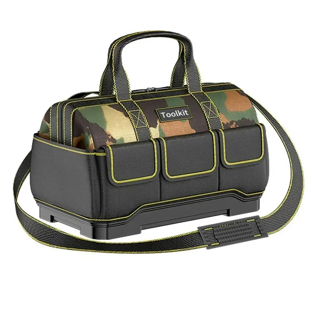 Camouflage Tool Bag with Waterproof Plastic Bottom Shoulder Strap Multiple Pockets Tool Pounch Electrician Tool Storage Bag