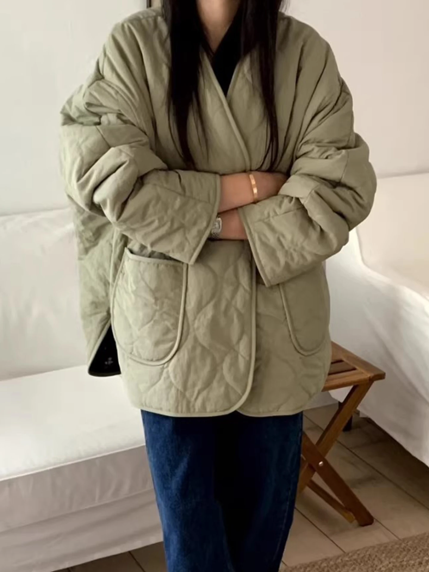 Stampa floreale Double-Sided Wear Cotton Jaet Donna Inverno Nuovo Sle Warm Top con doppi kets Coreano Loose Fit V-Ne