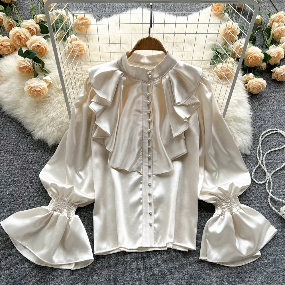 Champagne Palace Women Tops Shirts Pearls Buttons Elegant Blouse Female Retro Ruffles Shirts Turtleneck Banquet Date Dinner Tops