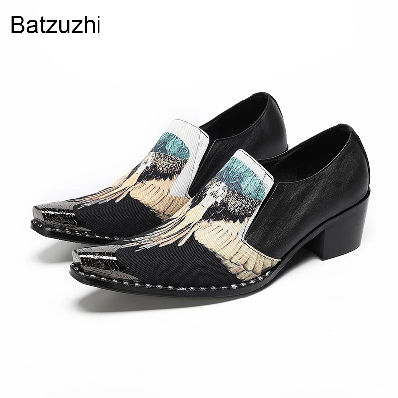 Batzuzhi Pointed ron Toe Men's Shoes Slip on Black Leather Dress Shoes Man 6.5cm High Heels Fashion Business/Party Footwear!