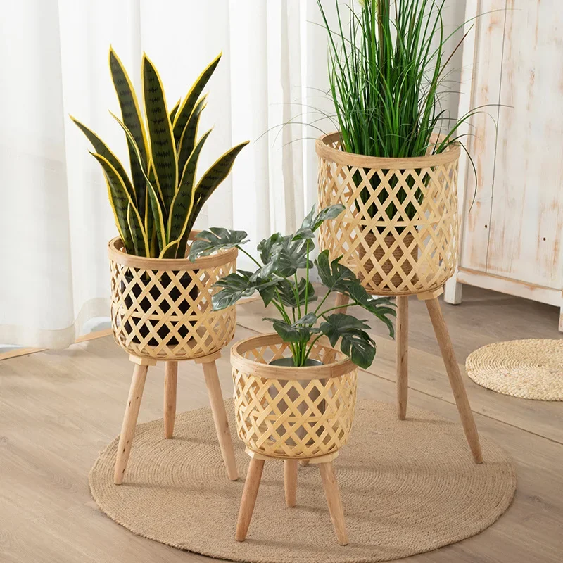 Nordic Simple Plant Stand - Natural Bamboo Weaving Flower Stand, Hollow-Out Design, Stable and Solid Planter Rack