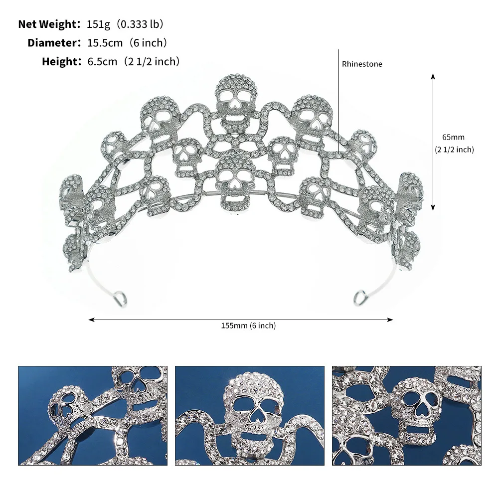 Fashion Skull Crown Halloween Jewelry for Women Girls Princess Party Cospaly Headbands Rhinestone Tiaras Silver Color Hairbands