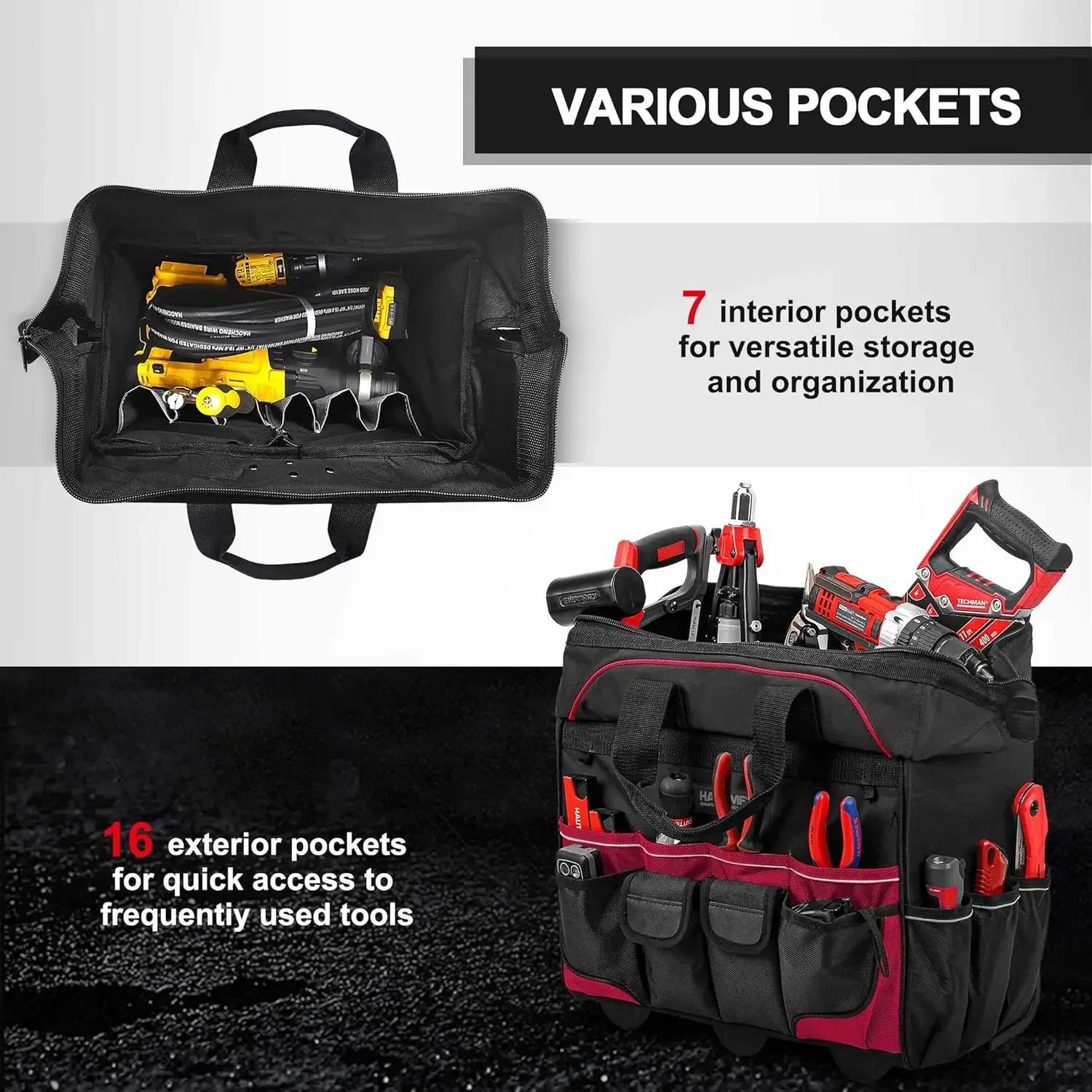 18" Rolling Tool Bag With Wheels Portable Tool Bag With Adjustable Telescoping Handle Wide Mouth Storage Organizer Perfect Mens