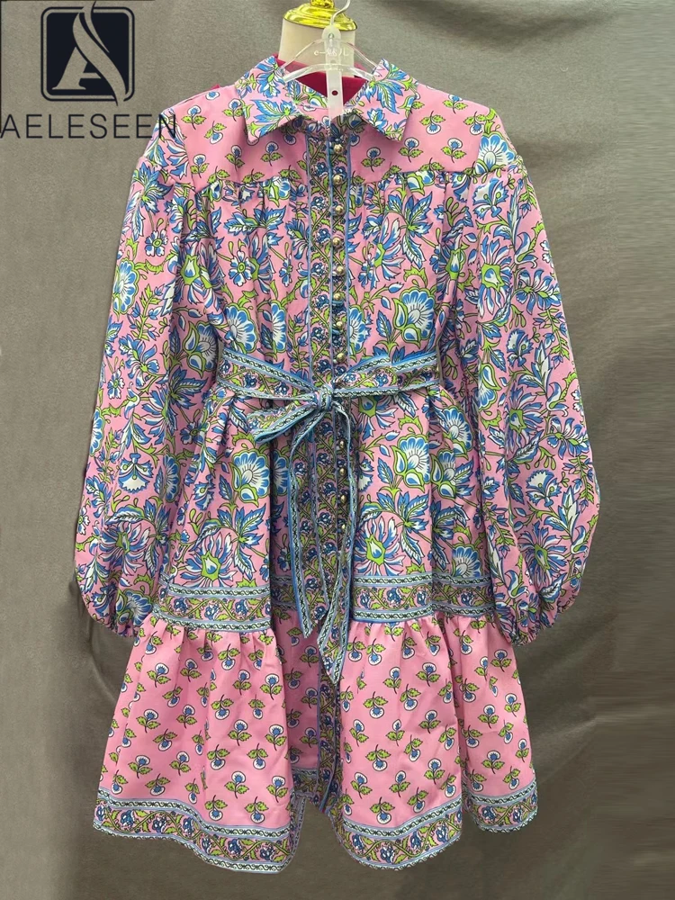 AELESEEN Designer Fashion Mini Dress Women Summer Turn-down Collar Long Lantern Sleeve Pink Blue Flower Printed Belt Casual