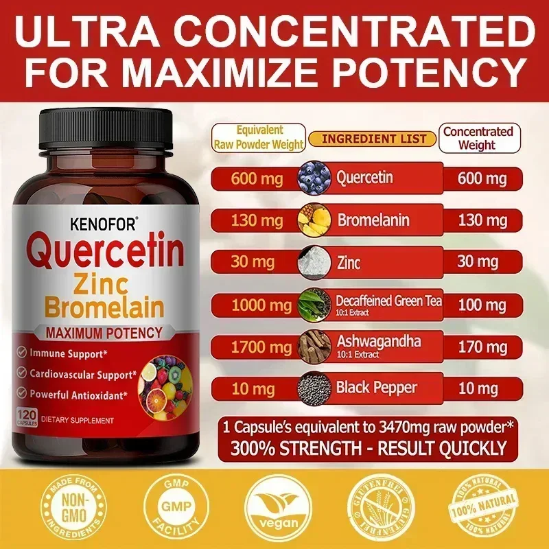 Premium Quercetin Capsules - High Purity, Containing Bromelain, Zinc, Cardiovascular, Respiratory, Immune Antioxidant for Adults