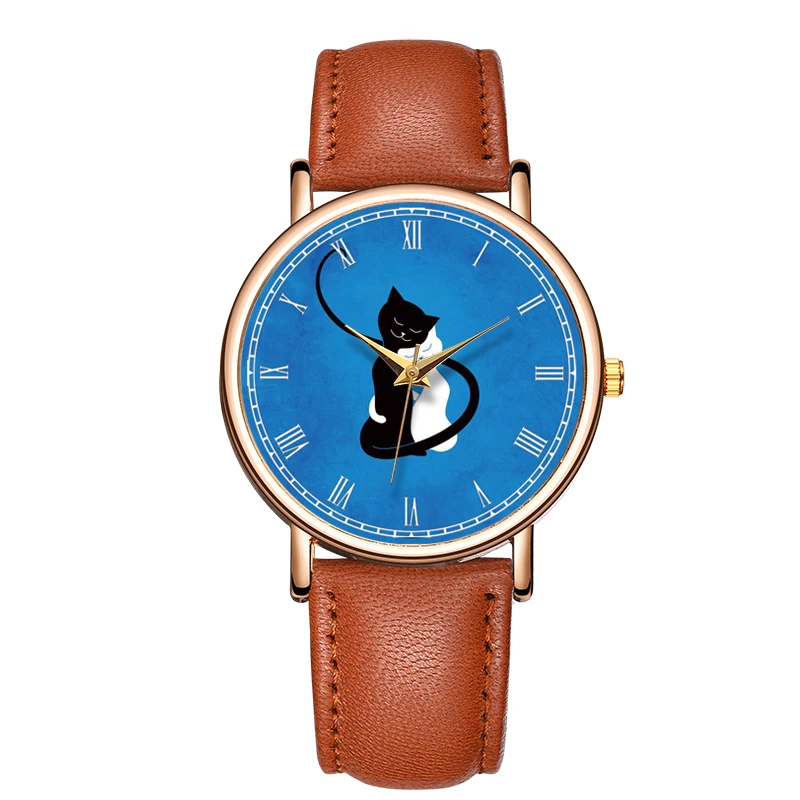 Fashion Quartz Watch For Girl Casual Blue Background White And Black Cat Wristwatch Cartoon Waterproof Real Leather Watch