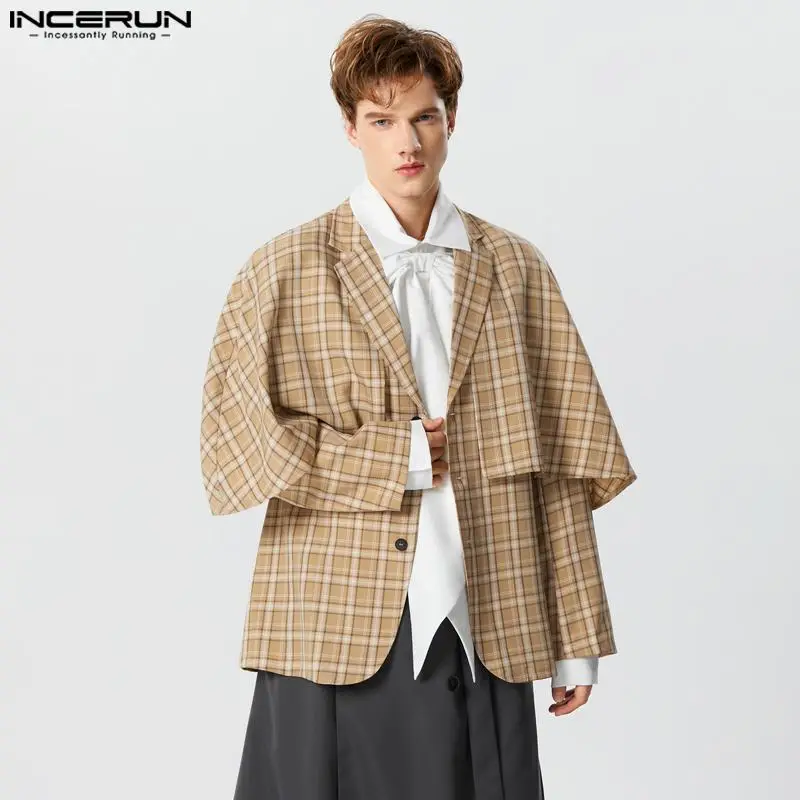 

2023 Men Plaid Blazer Lapel Long Sleeve Button Loose Casual Irregular Suits Men Autumn Streetwear Fashion Coats S-5XL INCERUN