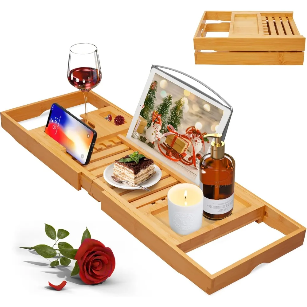 

Foldable Bamboo Bath Caddy – Expandable Tub Tray with 6-Angle Tablet Stand, Wine & Cup Holder, Non-Slip