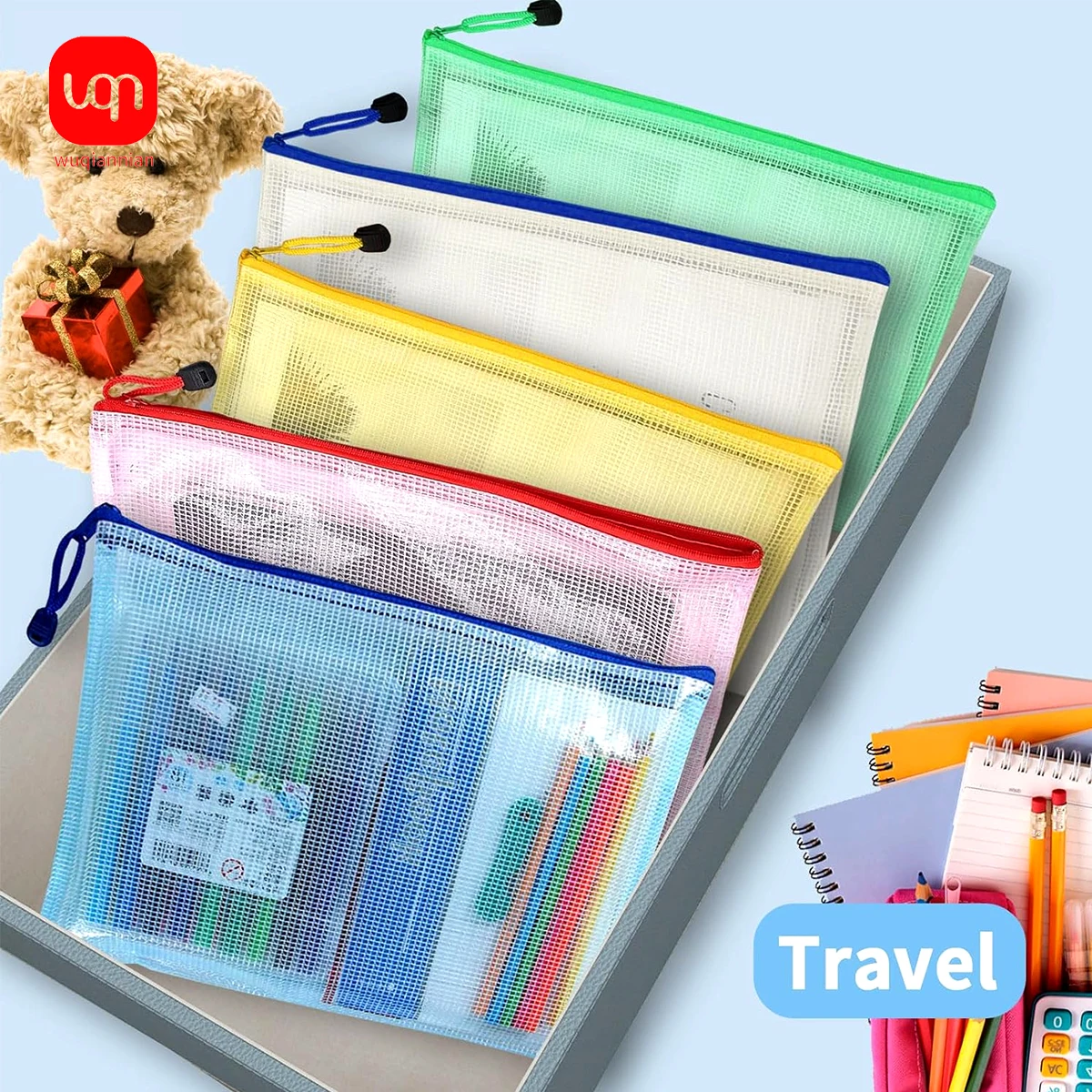 Plastic zipper bag, A4 size, zipper mesh bag, finishing bag, mesh zipper bag, suitable for school office family travel storage