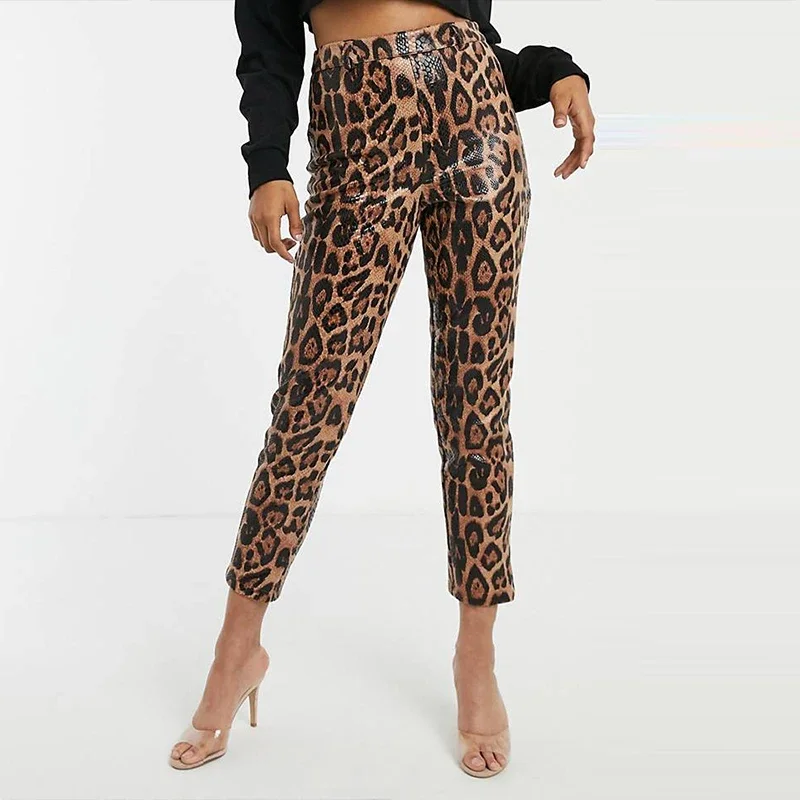 

Women Sexy Leopard Print Leather Pencil Pants Slim PU Snake Pattern Calf-Length Pants Nightclub Fashion Animal Print Trousers