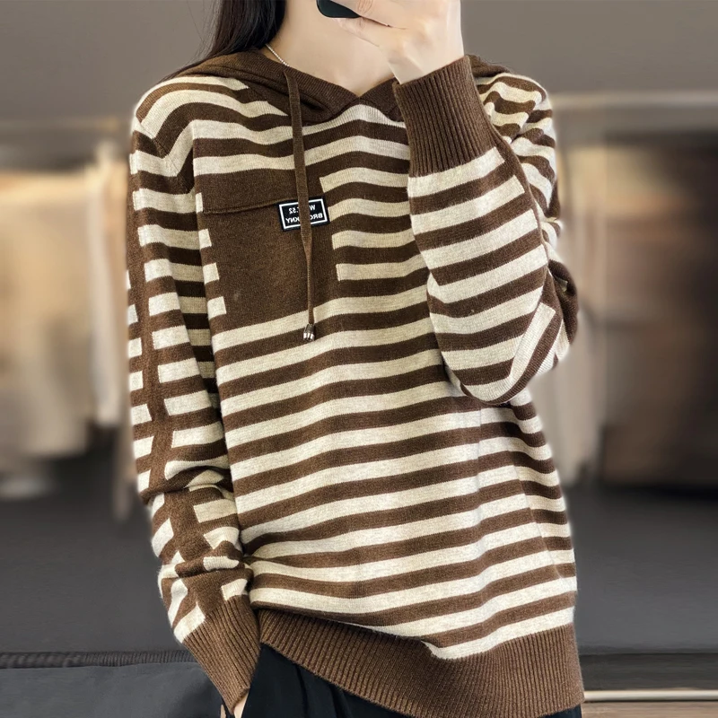 2024 women's cashmere sweater striped loose long sleeved sweater women's sweater women's cashmere women's loose women's pullover