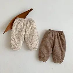 2024 Winter Retro Floral Pants Baby Girls Sweet Thicken Casual Cotton Trousers Boys Keep Warm Loose Cotton Pants New Clothes