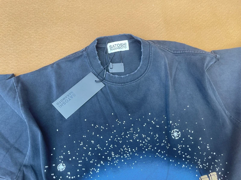 Vintage Distressed Washed Worn Oversized SATOSHI Tshirts Starry Sky Castle Print Short Sleeve Tops Summer Men Women Streetwear