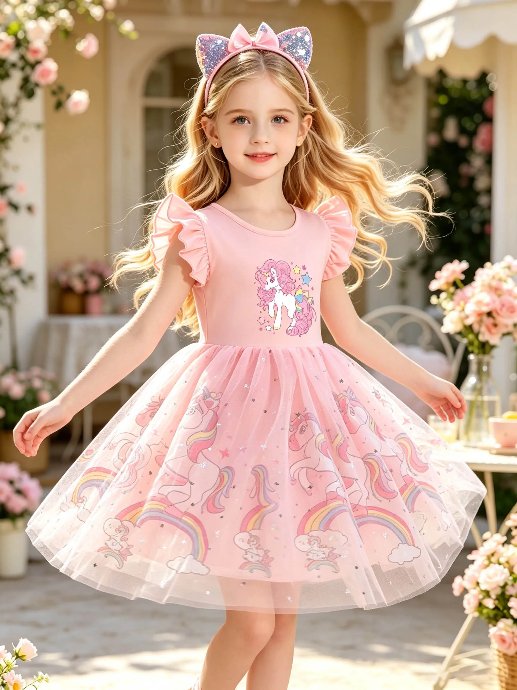 Kurzärmeliges Feenkleid mit Sternen und Pony für kleine Mädchen, Sommer-Tüll-Tutu-Kleid für Kinder mit glitzerndem Regenbogenwolken-Mesh – Detail 2