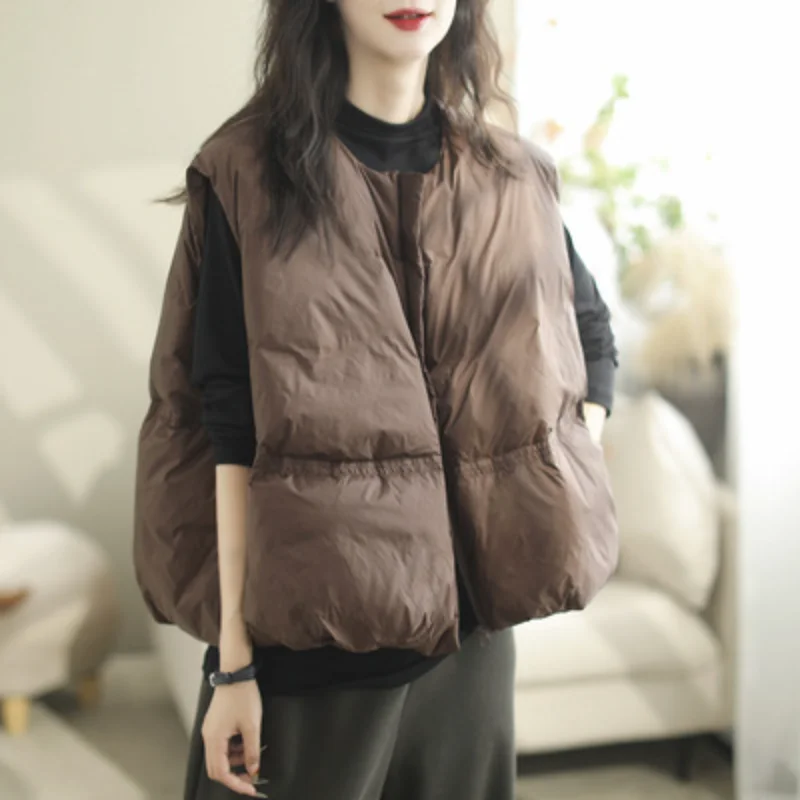 Winter Jacket Women Stacked Down Vest Retro Versatile Solid Color Sleeveless Top Loose Stacked Round Neck White Duck Down