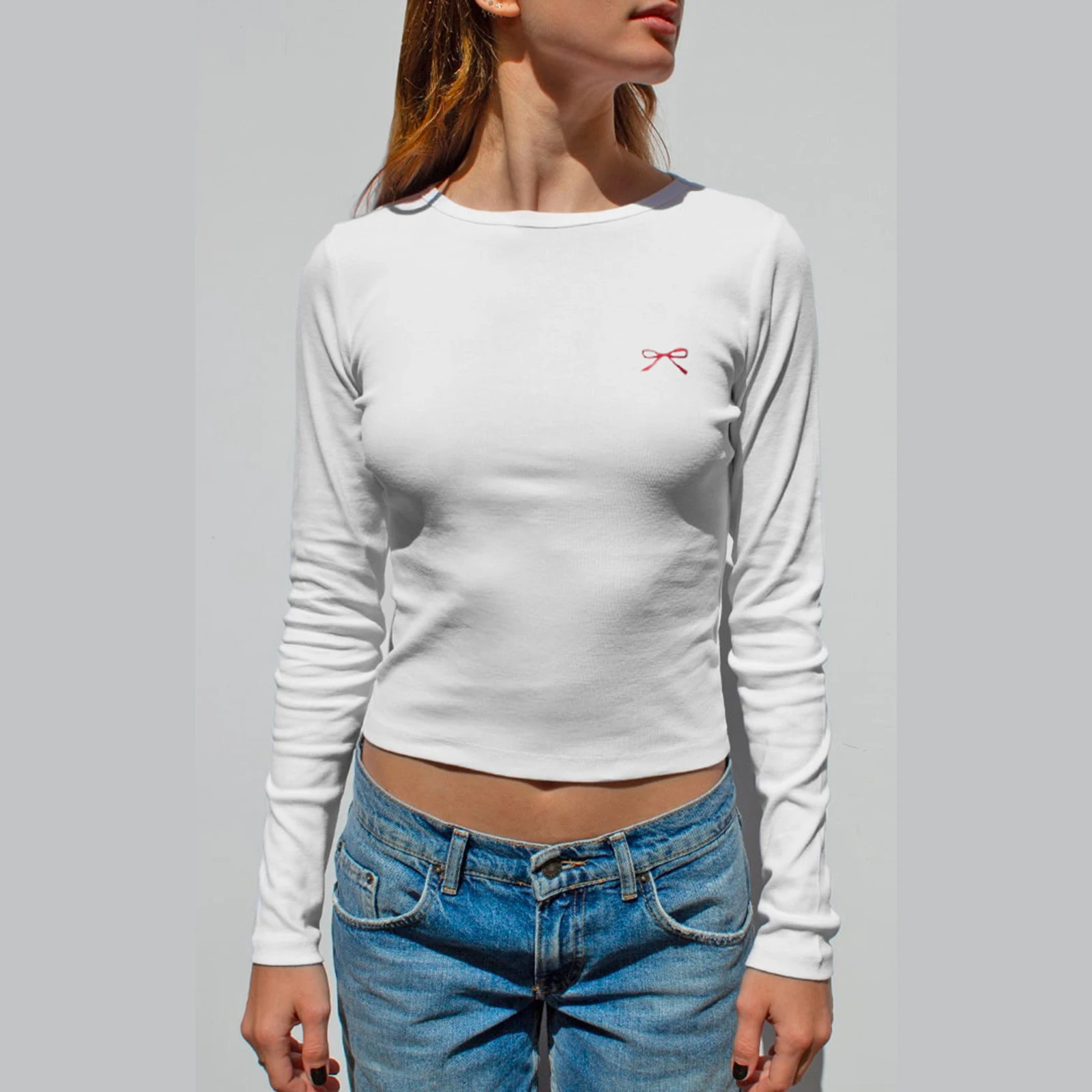 Women Long Sleeve Bow Print T Shirts Spring Autumn Slim Fit Casual Shirts Female Pullover Basic Tees y2k Clothes Crop Tops