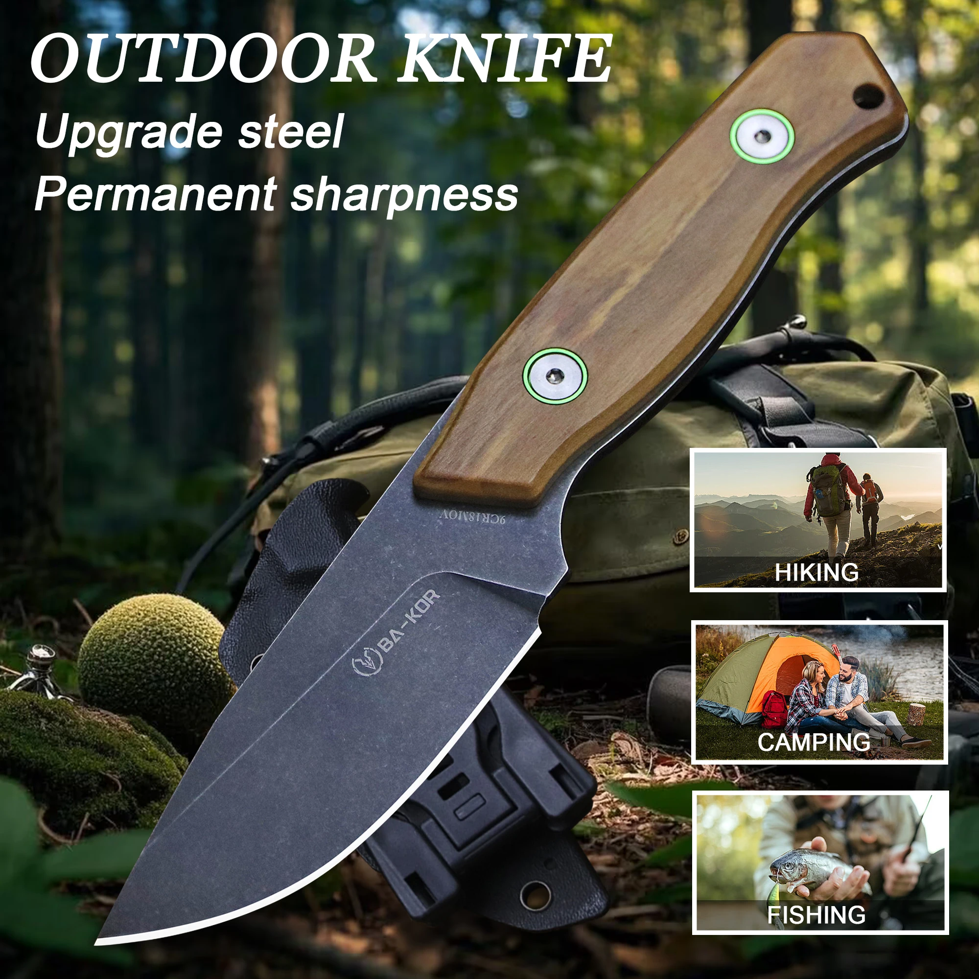 Direct camping knife, high hardness 9CR18MOV steel + olive wood survival knife, portable small knife