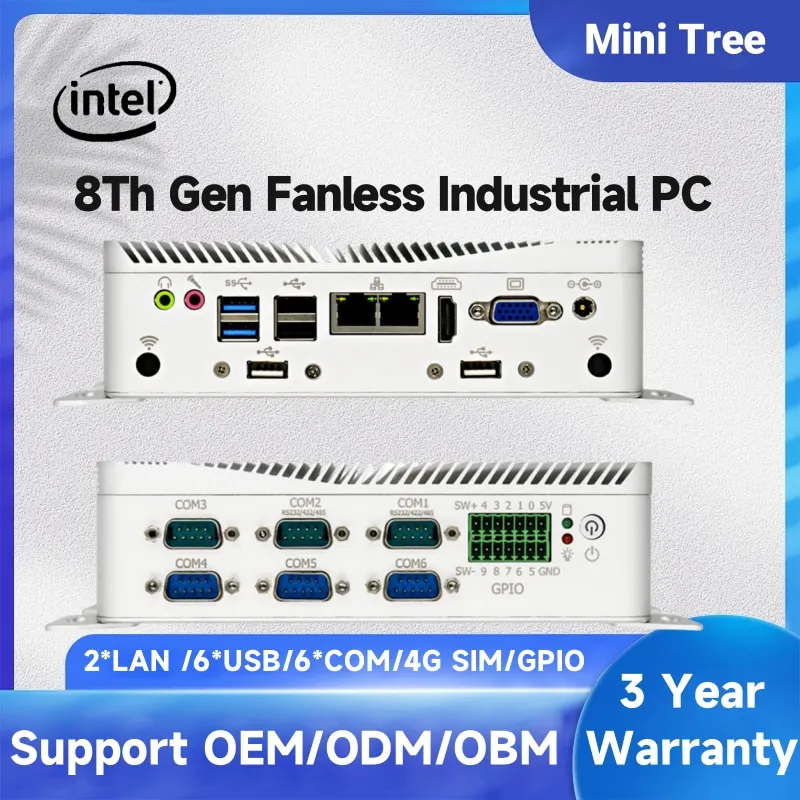 Celeron J1900 Rugged Industrial Fanless Mini PC i3 8130U 7100U 2*Intel i225 Lans Compact Computer RS485 GPIO HD VGA WIFI