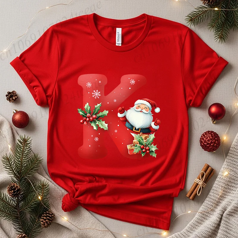 

T Shirt Christmas SantaAlphabet Letter Print T-shirt Short Sleeve Crew Neck Casual Top Festive Holiday Women's Clothing Top Tee
