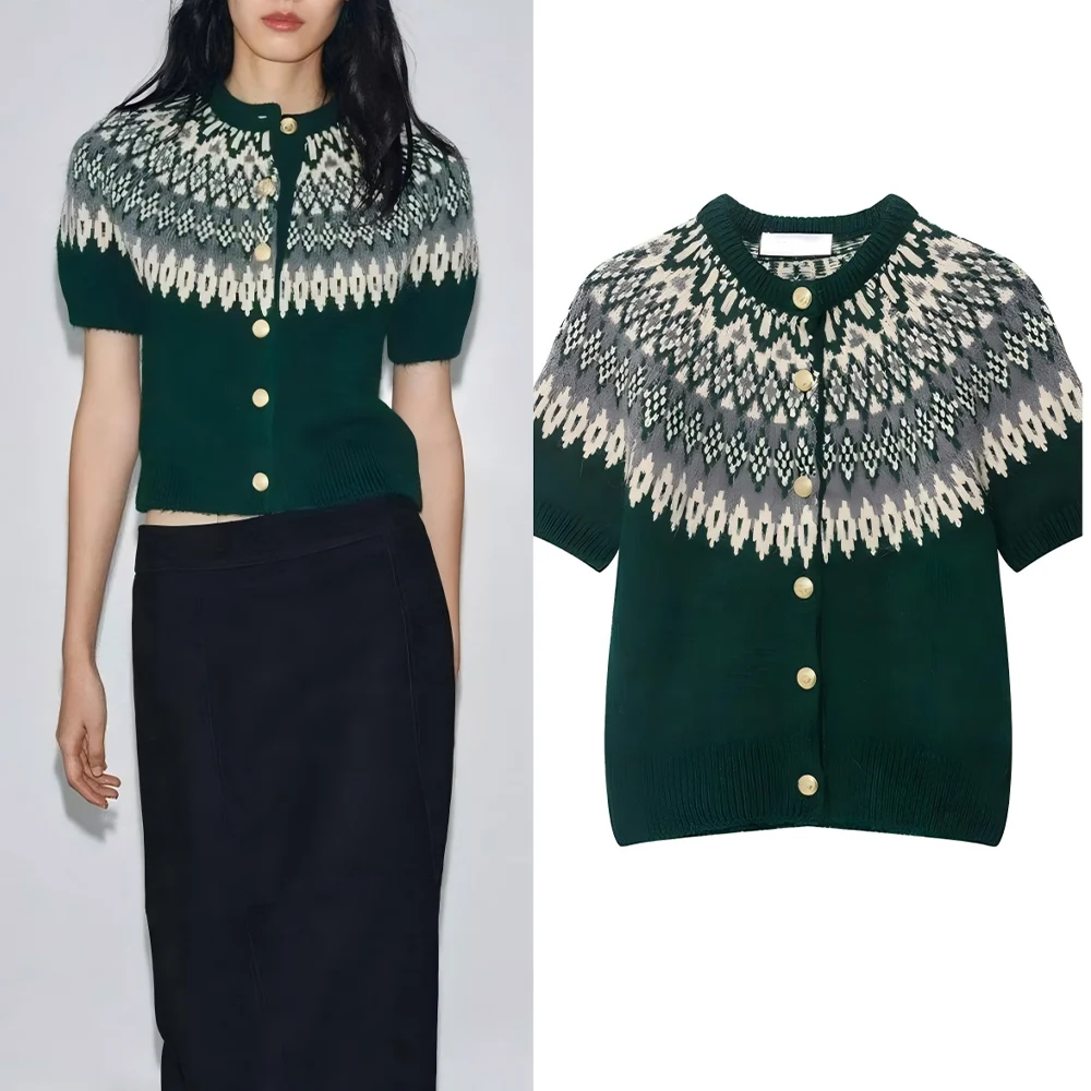 

Women's 2025 new slim soft texture O-Neck jacquard knitted Coat retro Short sleeved Button-up women's Coat chic top