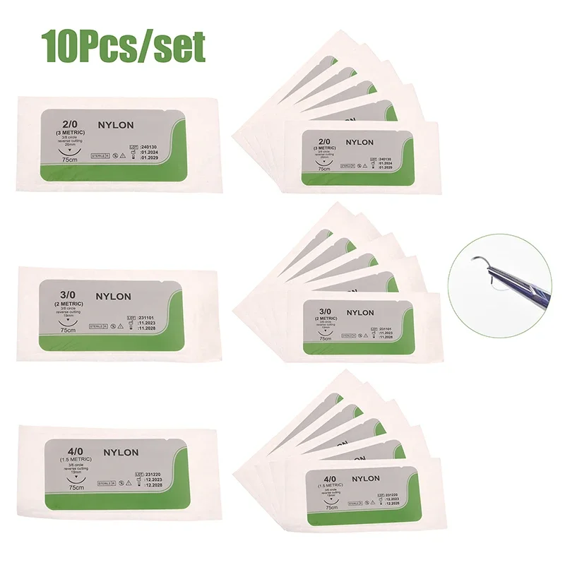 10Pcs 2.0/3.0/4.0 Silk Nylon Monofilament Medical Thread Needle Surgical Suture Training Thread Suture Practice Kit