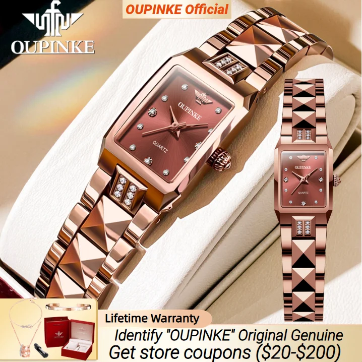

OUPINKE часы из розового золота с квадратным циферблатом для женщин, роскошные часы с бриллиантами, водостойкий ремешок из вольфрамовой стали, кварцевые женские часы