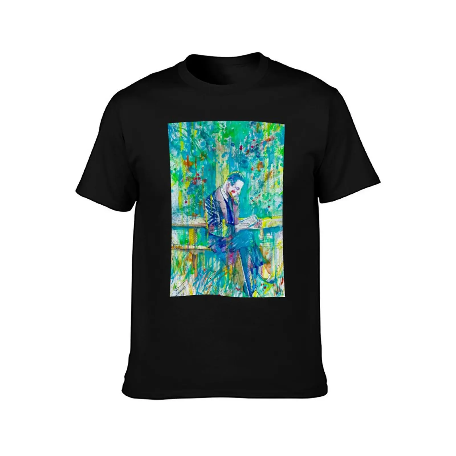 RAINER MARIA RILKE reading under a tree - watercolor portrait T-Shirt Active Sports Short Sleeve Cotton Shirt T-Shirt