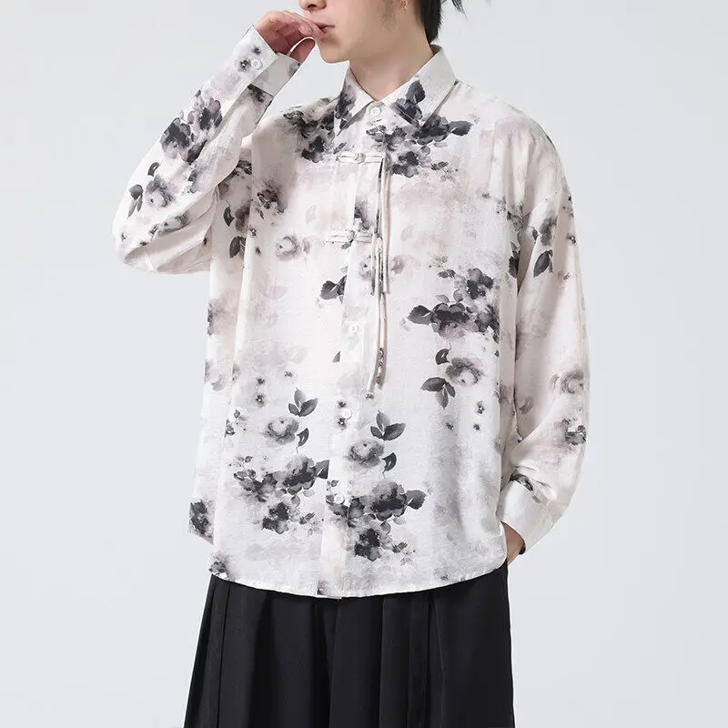 M-5XL Ink Print Chinese Button Knot Tang Suit Shirt - Elegant & Stylish Traditional Design for Men & Women Perfect for Cultural