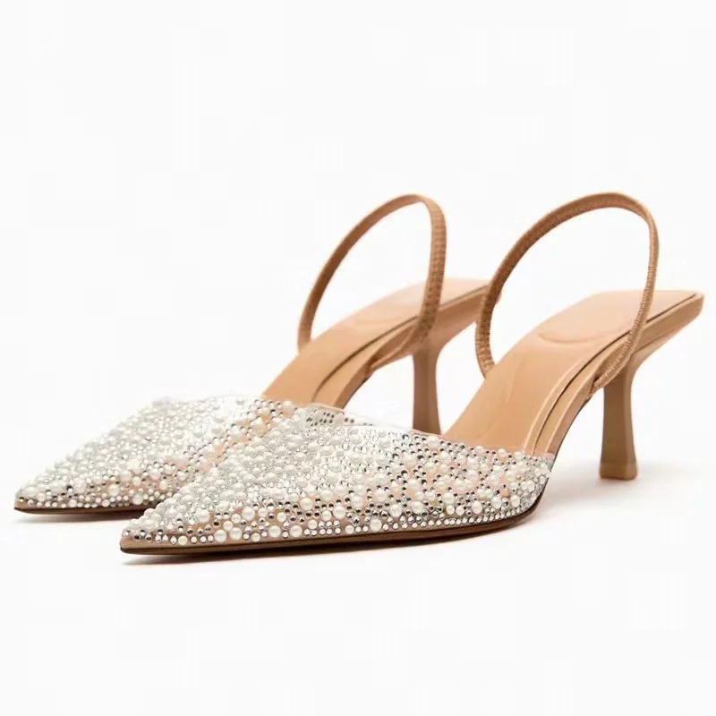 2023 Woman Pumps Pointed toe Pearl Heels Women High-heeled Slingback High heels Wedding Bride Transparent Rhinestone Heels