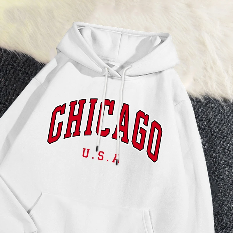 Casual Woman Hoodie Chicago Usa City Letter Graphic Printing Pullover Fleece Comfortable Pocket Sweatshirt Autumn Streetwear