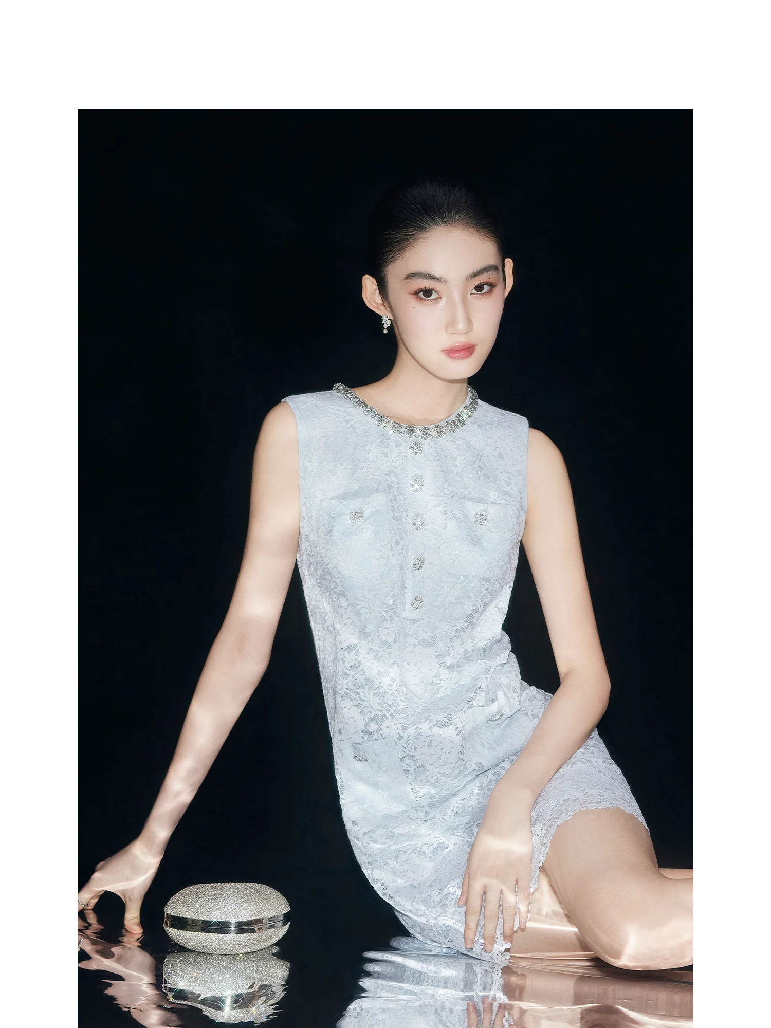 

Elegant Blue Lace Sleeveless Dress Women's Summer Luxury Short Skirt High Waist Diamond Studded H-Line Bodycon Gown by Mandy ...