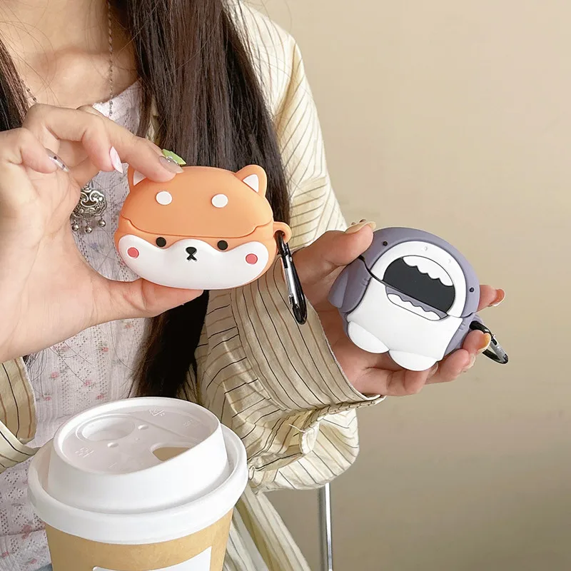 Earphone Case for Samsung Galaxy Buds 3/Galaxy Buds 3 Pro,Cute Creative Shiba Inu/Shark Soft Silicone Eeabuds Cover with Hook