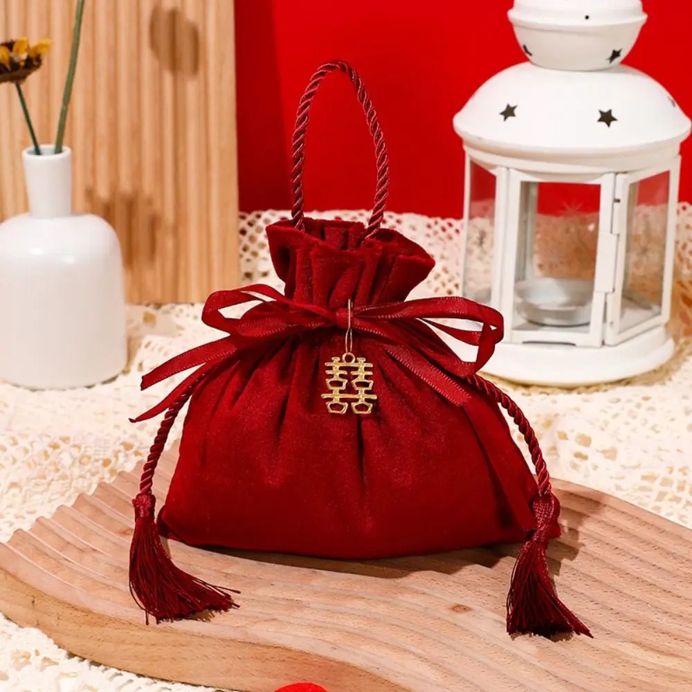 Jewelry Organizer Chinese Drawstring Candy Bag Traditional Velvet Flannel Gift Bag Wine Red Exquisite Wedding Gift Bag Guests