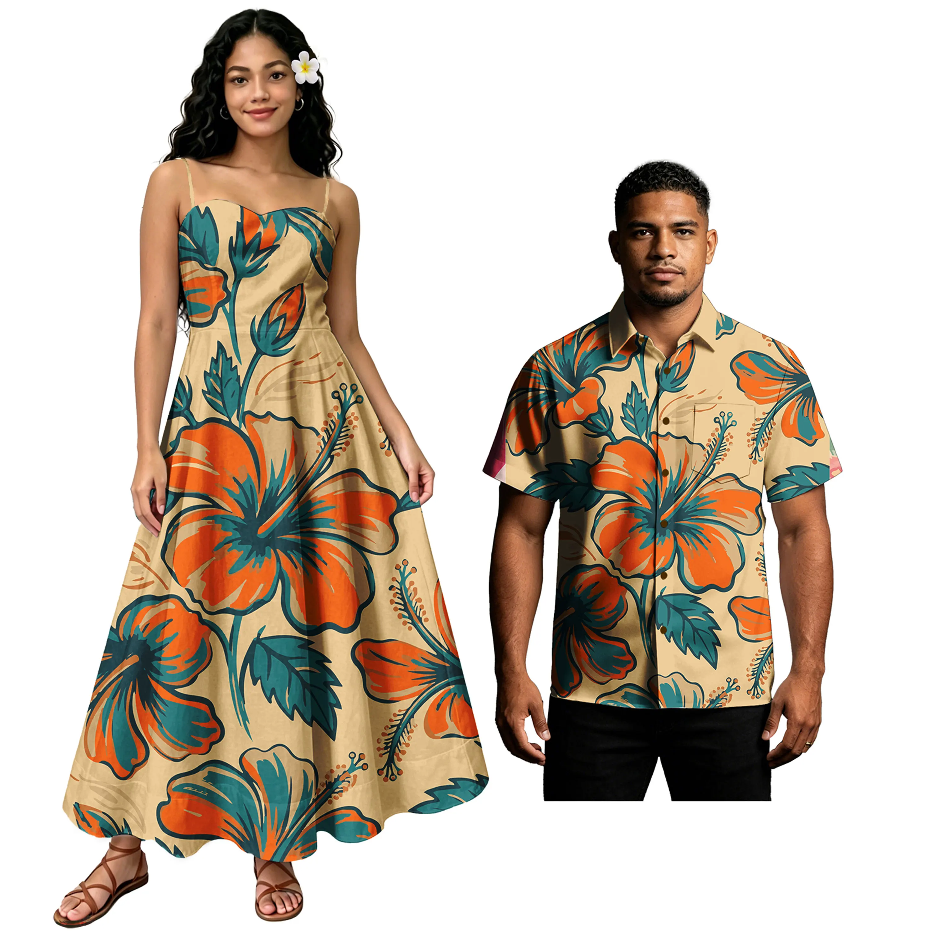 Koppelsset korte mouw gala overhemden Aloha shirts formeel Hawaii hibiscus stijlvol elegant dames lange jurken matchende outfits voor koppels