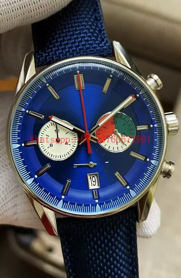 Luxury New Mens Quartz Chronograph Watch Black Blue Leather Stopwatch Stainless Steel Luminous Sapphire 42mm