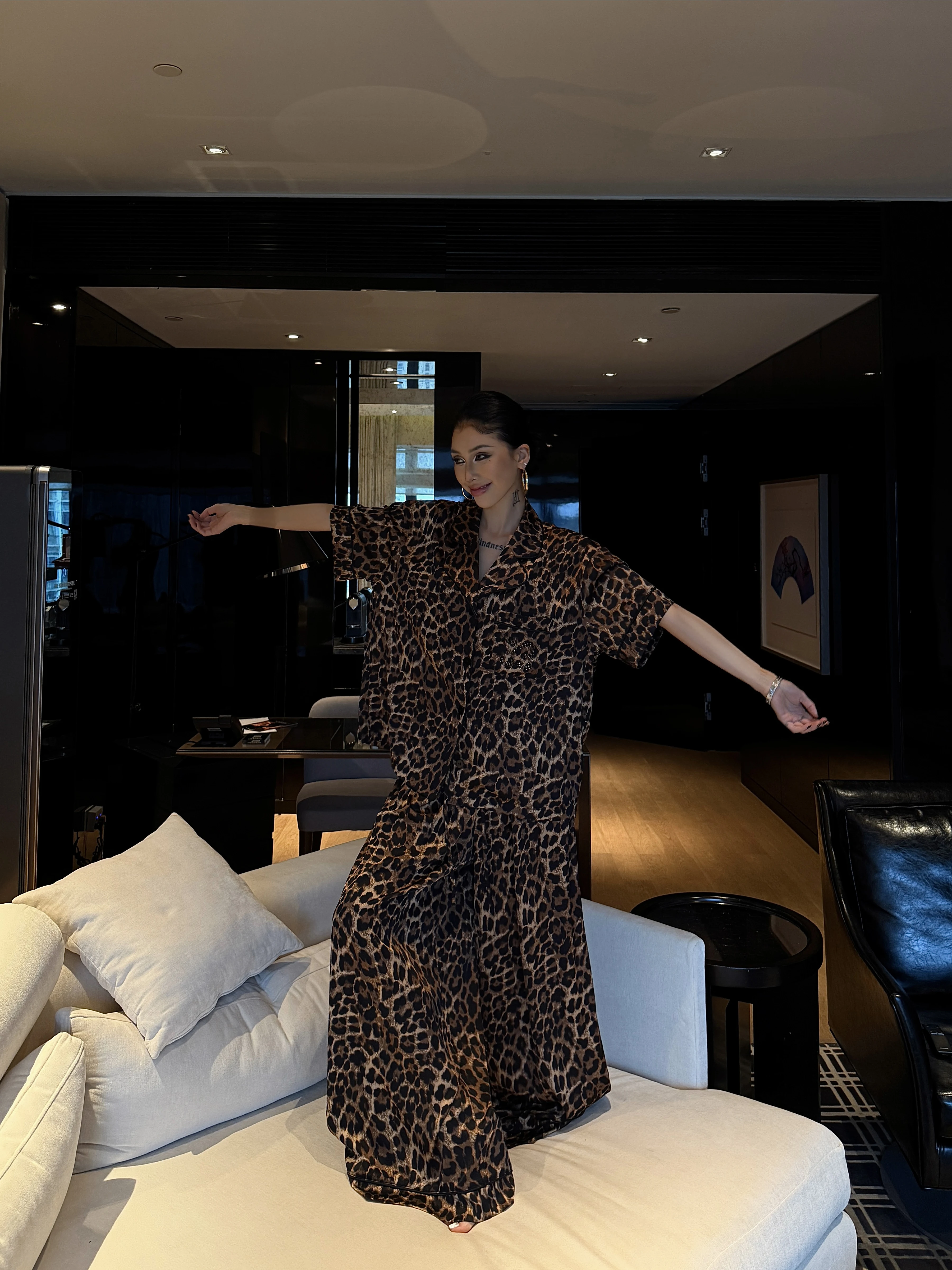 Leopard Print Three-Piece Set Casual Summer Fashion for Women Home Comfortable Polyester Short Sleeve Pantsuit