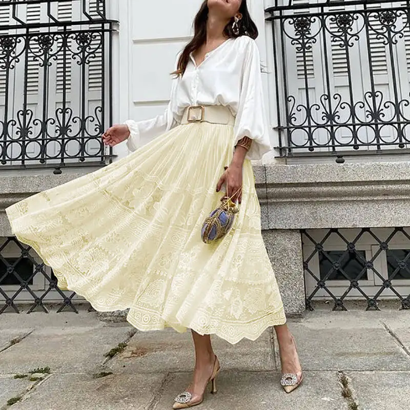 

Club Lady Lace-Mesh Pleated A-Line Skirt Elegant White Hem Loose Jacquard Skirt for Women 2024 Spring High Waist Long Skirts