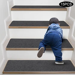 15pcs Stair Step Carpet Back Self-adhesive Hallway Stair Mat Step Rugs Indoor Safety Mute Floor Mats Pad Gray 20.3 * 76cm