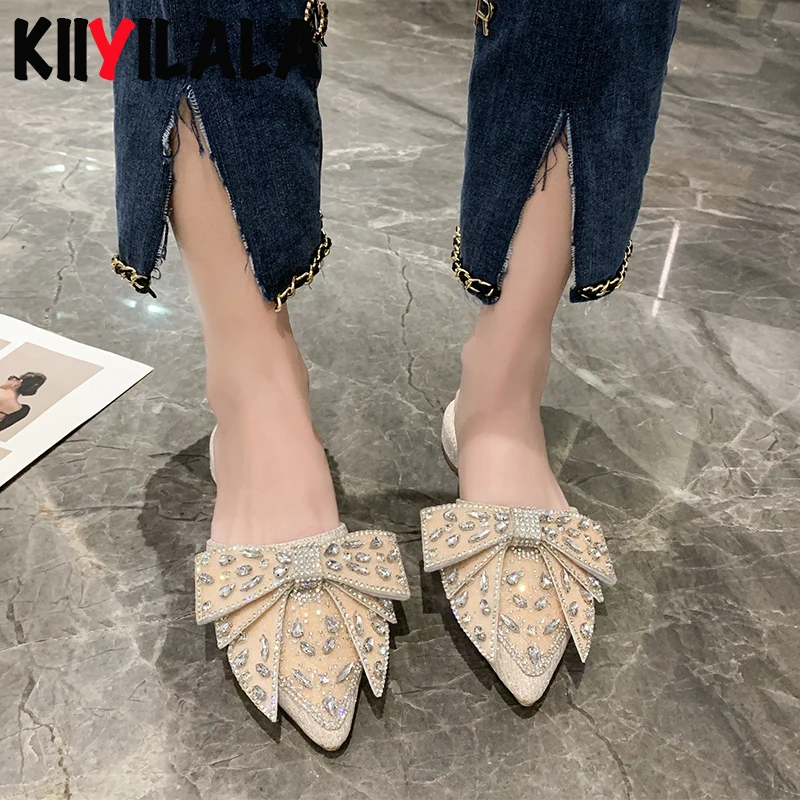 

Kllyilalaflat Heels Slippers Women 2022 Summer Shiny Crystal Pointed Toe Flip Flops Woman Pearl Gladiator Sandals