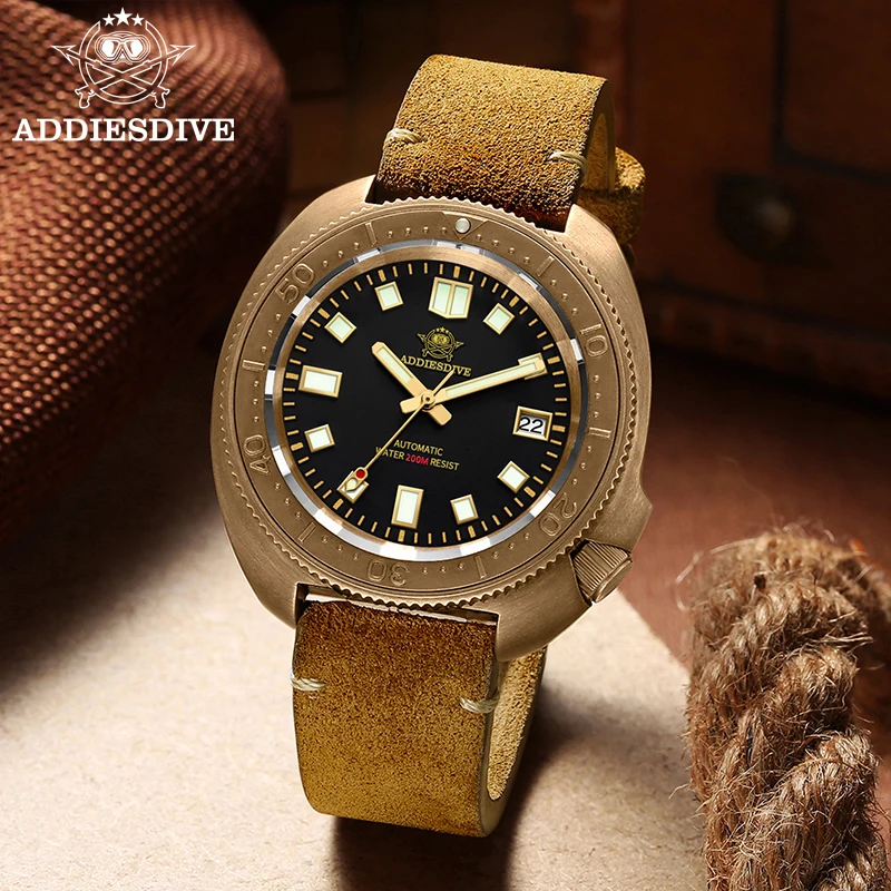 

ADDIESDIVE Vintage CUSN8 Bronze Watch Luxury Sapphire NH35 Automatic Mechanical Watches 200m Waterproof C3 Luminous Diver Watch