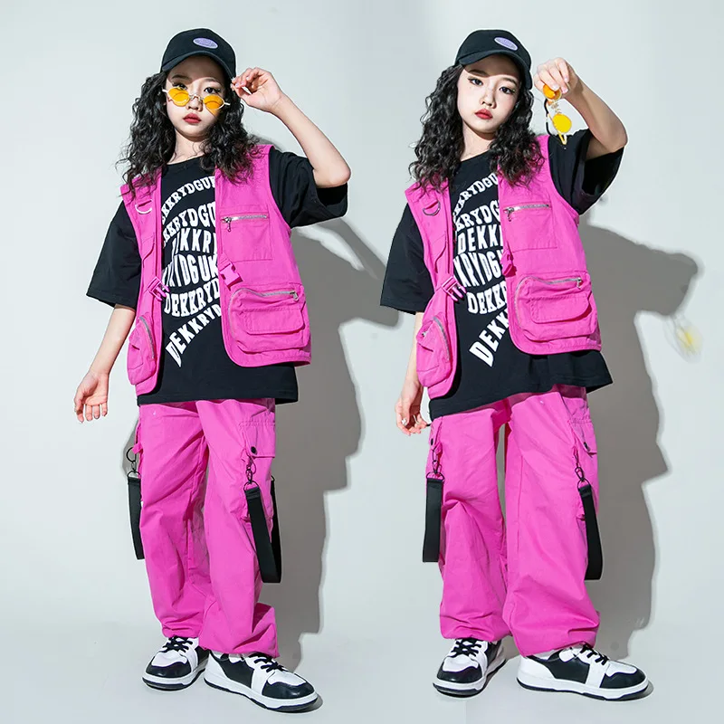 Ropa de baile de Hip Hop para niños, chaleco rosa, pantalones, camiseta negra, disfraz de baile callejero para adolescentes, trajes de actuación de Jazz Rave