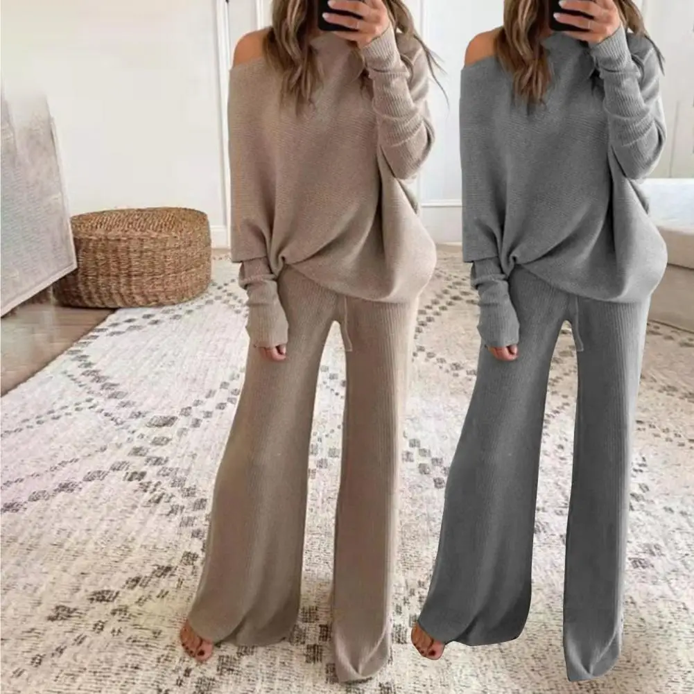 

1 Set Pullover Pants Stylish Slanted Neck Blouse Lace-up Pants Lady Women Outfit