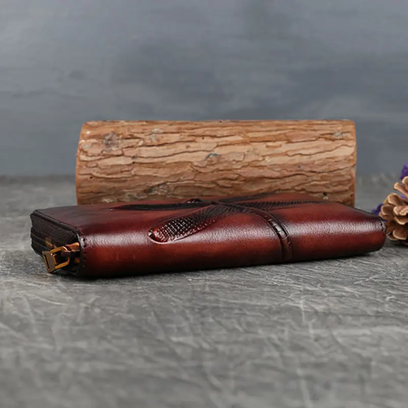 Women's Genuine Leather Retro Wallet With Dragonfly Embossed Long Handbag Cowhide Large Capacity Women's Wallet Card Bag